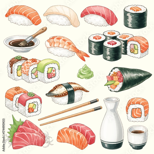 Watercolor Japanese Sushi and Sashimi Collection with Soy Sauce and Chopsticks