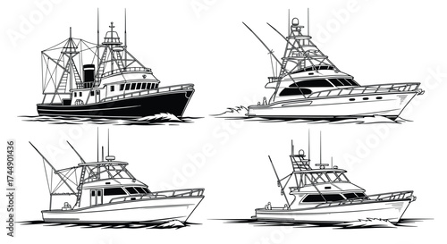Various fishing boats on a white background.