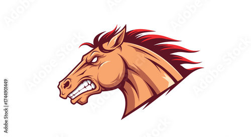 An aggressive horse head logo with a fiery mane and teeth bared.