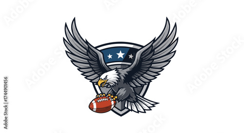 An american eagle clutching a football with its talons and spread wings over a shield.