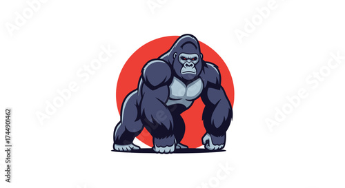 A powerful silverback gorilla stands defiantly against a red sun in this pixel art illustration.