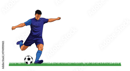 A soccer player in a blue jersey and shorts kicks a soccer ball on a green field.