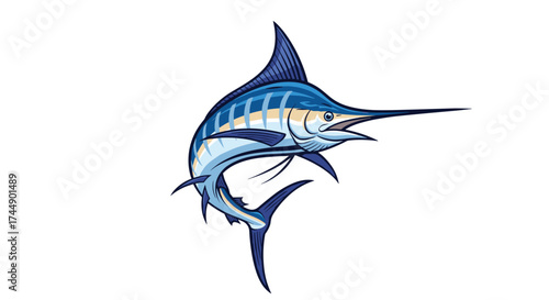 A vibrant blue marlin leaps majestically out of the clear ocean water.