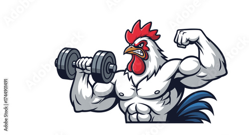 This muscular rooster is lifting weights and showing off his biceps.