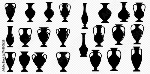 A collection of black silhouettes depicting various ancient Greek and Roman vases, amphorae, and pottery shapes.