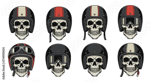 An assortment of graphic skull helmets with vintage styling and modern designs for riders.
