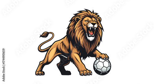 Fierce lion striking a football on a white background symbolizing strength and victory in sport.