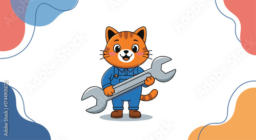 A cartoon tabby cat wearing blue overalls holds a large wrench.