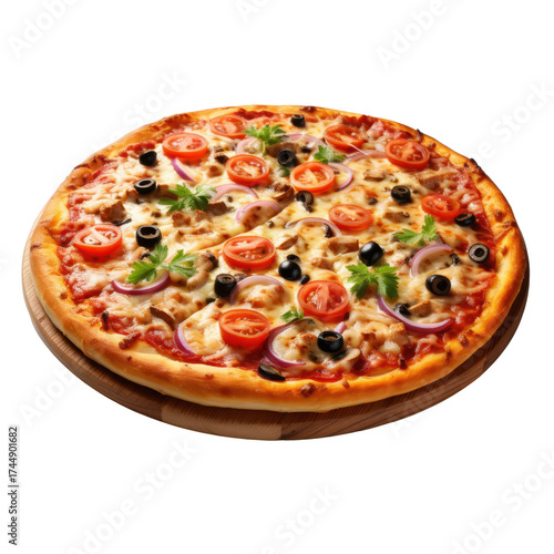 Wallpaper Mural tasty cheesy pizza with red tomatoes black olives. Isolated background Torontodigital.ca