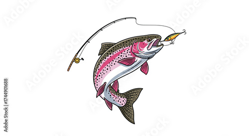 Angler expertly reels in a large rainbow trout leaping from the water during a sunny day.