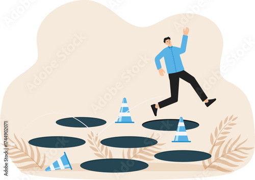 Avoid pitfall and adversity, brave to jump pass mistake,skill and creativity to solve problem concept

