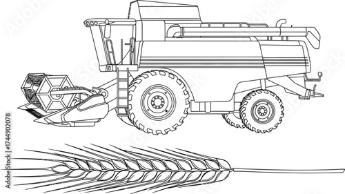 Combine harvester line art vector illustration farming equipment crop
