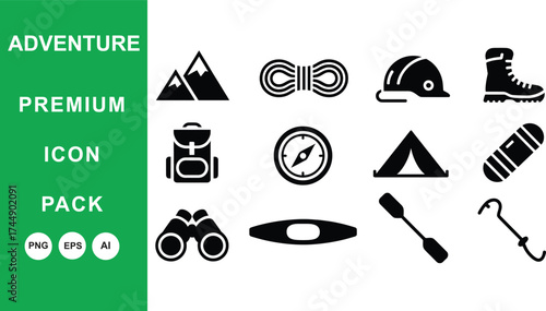 Outdoor Adventure Icons: Camping, Hiking, and Exploration Equipment Glyphs