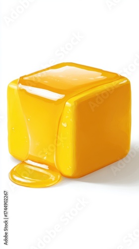Yellow Honey Cube with Dripping Texture on White Background