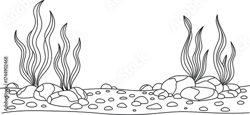 Underwater scene coloring page with seaweed and rocks illustration