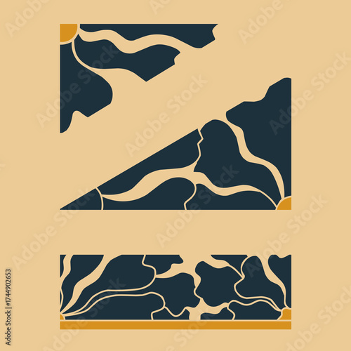 Minimalist retro artwork featuring abstract sunburst patterns in deep navy and mustard yellow, divided into geometric sections with flowing organic lines