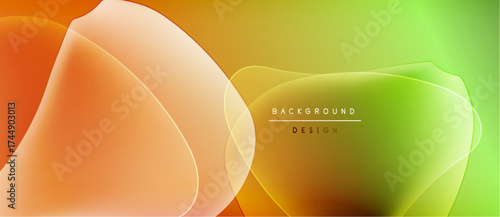 Abstract layers blend orange, yellow, green hues. Smooth gradients create modern background design. Minimalist aesthetic, vibrant colors.
