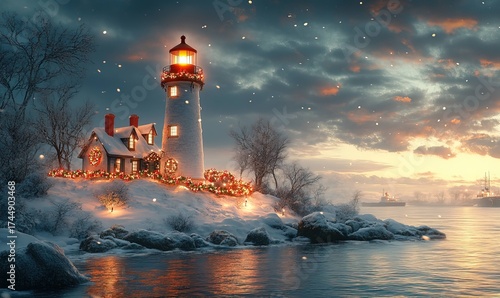Picturesque winter scene of a lighthouse and cottage decorated for Christmas