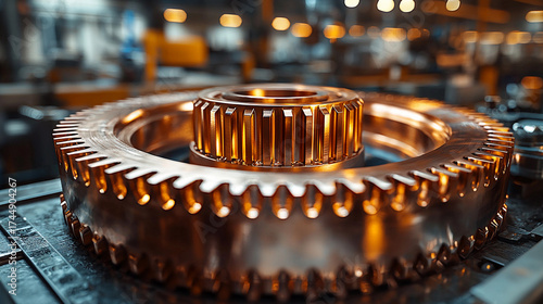Detailed view of a copper gear in a manufacturing setting Generative AI