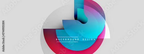 Abstract geometric shapes overlap, creating vibrant color gradients. Design features blue, pink, cyan hues on white backdrop. Modern aesthetic.