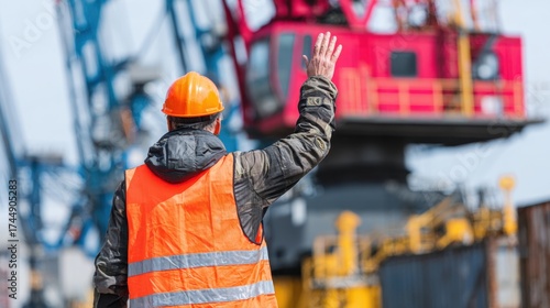 A worker wearing an orange safety vest and helmet, waving hand near large industrial crane at port