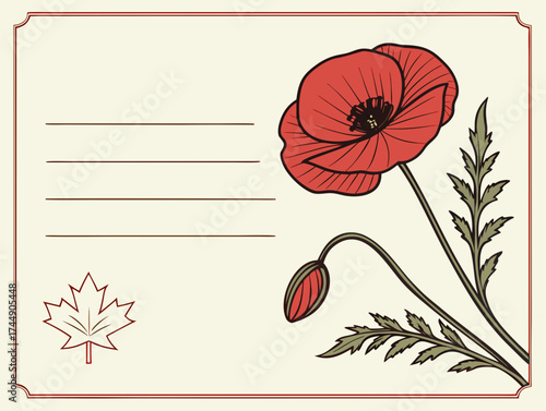 Remembrance Day card featuring a red poppy flower and a maple leaf