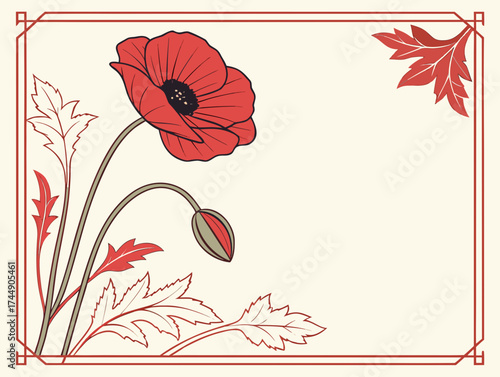 Elegant poppy flower art decorated with frame in vintage style 