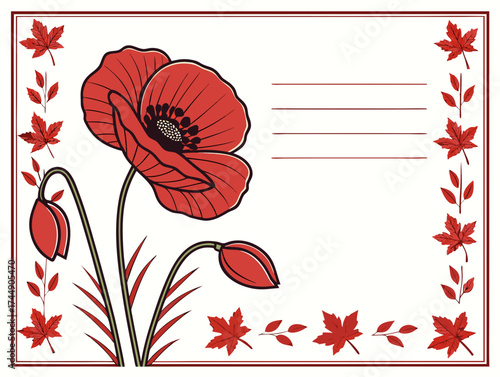 Red poppy flower greeting card design with space for text