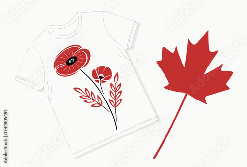 T-shirt design with poppy flower art beside a maple leaf