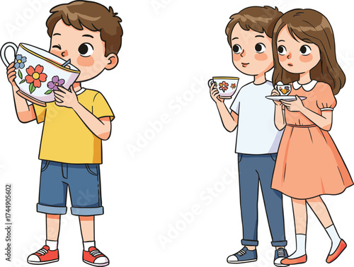 Cartoon children holding teacups, boy drinking from giant cup, girl serving dessert, kids tea party, pretend play, friendship, fun, learning, vector illustration