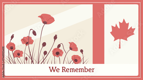 Canadian flag with red poppy flowers