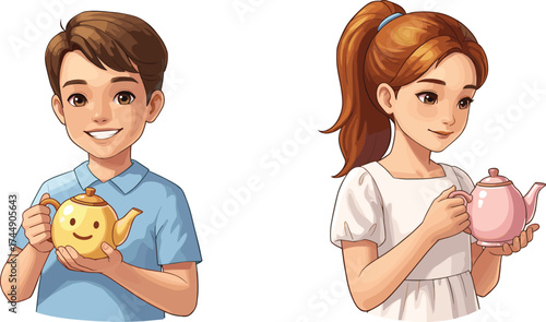 Cartoon children holding teapots, boy with yellow kettle, girl with pink teapot, kids pretend play, tea party, friendship, fun, learning, vector illustration