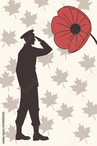 Saluting soldier silhouette with poppy and maple leaves illustration