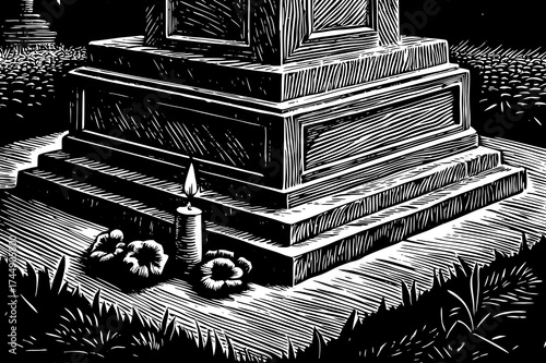 Memorial with a candle and a wreath in a dark and somber atmosphere