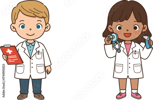 Cartoon doctor with clipboard, cartoon nurse with stethoscope, children medical roleplay, healthcare education, hospital theme, professional illustration, medicine, safety, vector design