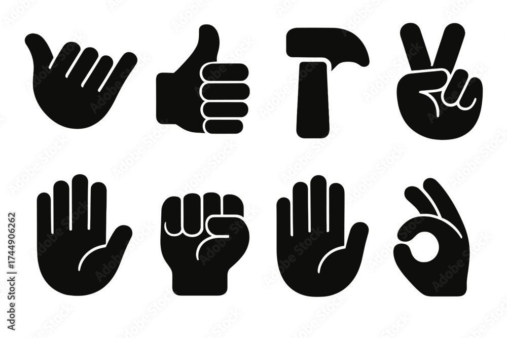 Fototapeta premium Brutalist Tool Icons. DIY Workshop set of icons silhouette. Wrench, hammer, saw, screwdriver, tape measure, level, nails, toolbox, Hand Gestures set of icons silhouette. Shaka
