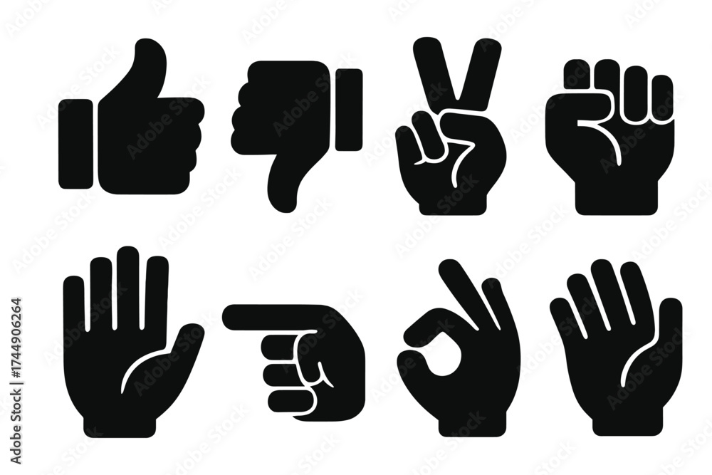 Obraz premium Brutalist Hand Icons. Hand Gestures set of icons silhouette. Thumbs up, thumbs down, peace sign, fist, open hand, pointing finger, OK sign, waving hand
