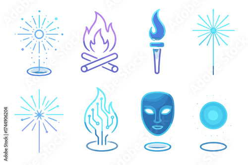 Futuristic Fireworks Icons. Futuristic Bonfire Night set icons in flat vector style. Holographic firework, neon glowing bonfire, cyber torch, digital sparkler, AI starburst