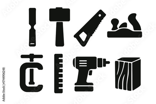 Brutalist Woodworking Icons. Woodworking Tools set of icons silhouette. Chisel, mallet, saw, plane, clamp, ruler, drill, wood block