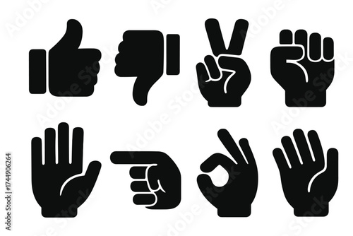 Brutalist Hand Icons. Hand Gestures set of icons silhouette. Thumbs up, thumbs down, peace sign, fist, open hand, pointing finger, OK sign, waving hand