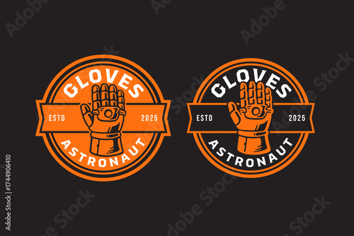 Astronaut gloves retro badge logo vector design set for technology, space gear, galaxy explorer. Cosmonaut mitten, cyber sci fi robot hand vintage emblem patch logo graphic pack. Vector illustration