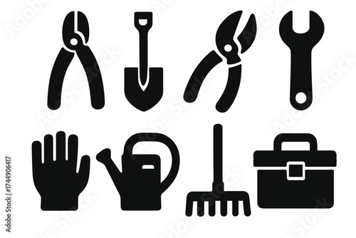 Bold Garden Tools Icons. Garden Repair Kit set of icons silhouette. Pliers, shovel, pruning shears, wrench, gloves, watering can, rake, toolbox