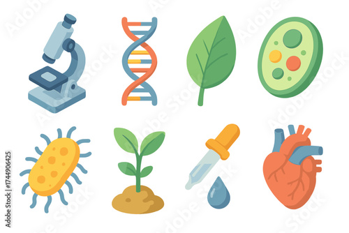 Biology Icons Collection. Biology Set set icons in flat vector style. Microscope, DNA strand, leaf, cell, bacteria, plant, dropper, heart