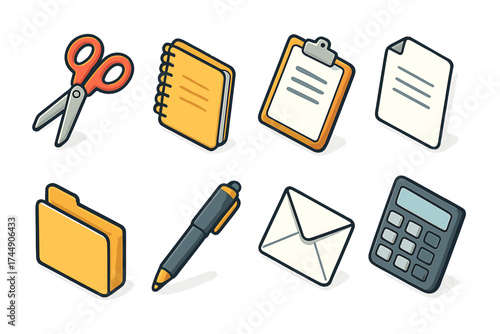 Office Tools Icons. Office Tools set icons in flat vector style. Scissors, notebook, clipboard, document, folder, pen, envelope, calculator