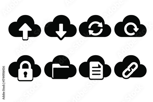 Cloud Storage Icons. Cloud Storage set of icons silhouette. Cloud upload, cloud download, cloud sync, cloud backup, cloud lock, cloud folder, cloud document, cloud link