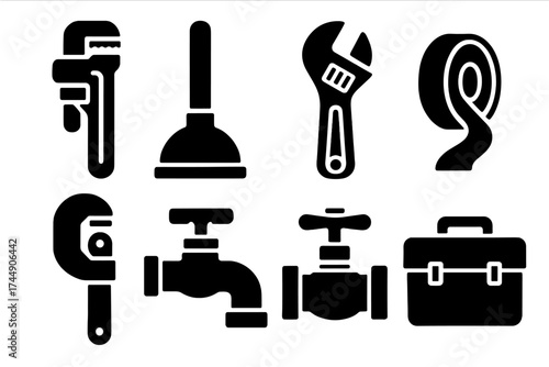 Plumbing Tools Icons. Plumbing Essentials set of icons silhouette. Pipe wrench, plunger, adjustable wrench, Teflon tape, pipe cutter, faucet, valve, toolbox
