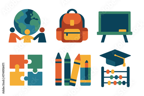 Educational Icons Collection. Educational World Children’s Day set of icons in geometric flat vector. Globe with children, school bag, chalkboard, book stack, puzzle pieces