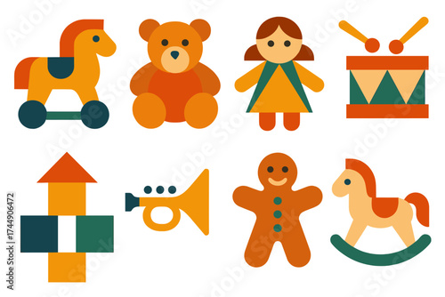 St. Nicholas Day Icons. Children’s St. Nicholas Day set of icons in geometric flat vector. Toy horse, teddy bear, doll, drum, wooden blocks, toy trumpet, gingerbread man, rocking
