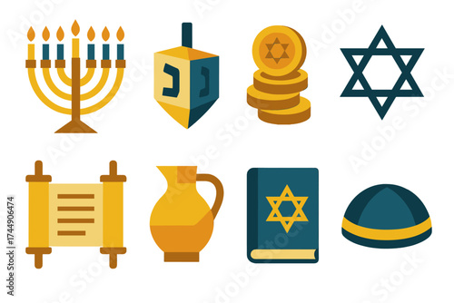 Hanukkah Icon Collection. Classic Hanukkah set of icons in geometric flat vector. Menorah with candles, dreidel, gelt coins, Star of David, Torah scroll, oil jug, prayer book