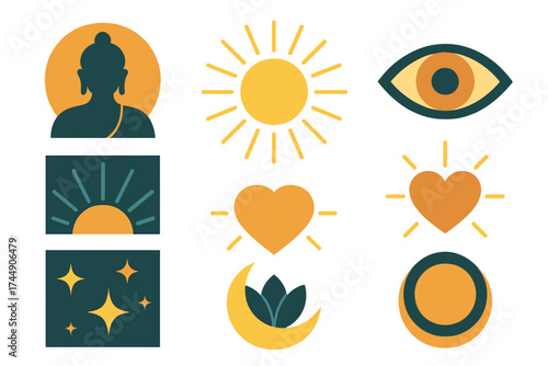 Bodhi Day Icons Collection. Symbolic Bodhi Day set of icons in geometric flat vector. Enlightened Buddha silhouette, radiant halo, open eye, rising sun, glowing heart, unity circle